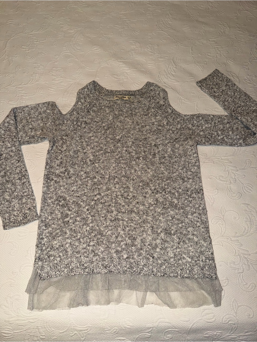 abercrombie kids Gray Marled Cold-Shoulder Sweater with Tulle Hem